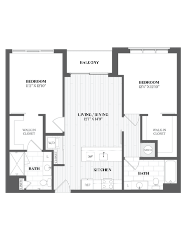 A floor plan of a house with two bedrooms, a living area, a kitchen, a bathroom, and a balcony.