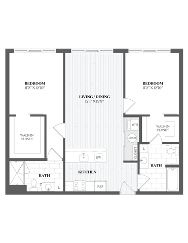 A floor plan of a home with two bedrooms, a living room, a kitchen, a bath, and a walk-in closet.