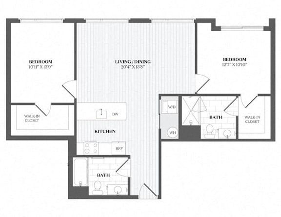 A black and white image of a floor plan for a home with a living room, kitchen, and two bedrooms.