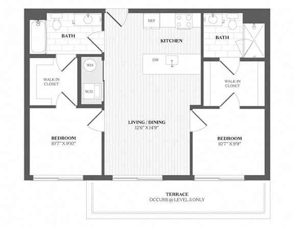A floor plan of a house with two bedrooms, a living area, a kitchen, two bathrooms, and a terrace.