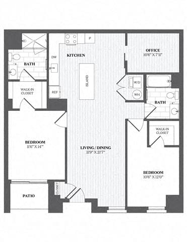 A floor plan of a house with a kitchen, living room, dining room, and bathrooms.