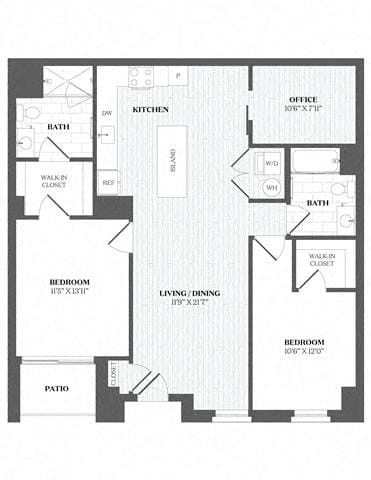 A floor plan of a house with a kitchen, living room, dining room, and bathrooms.