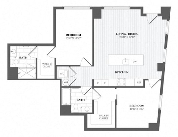 A black and white image of a floor plan for a house with two bathrooms, two bedrooms, a living/dining area, and a kitchen.