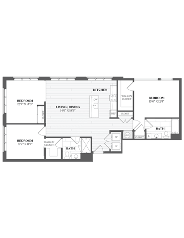 A floor plan of a house with three bedrooms, a living/dining area, a kitchen, a walk-in closet, and two bathrooms.