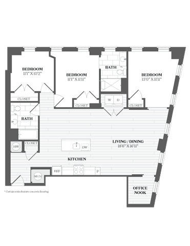A floor plan of a house with labeled rooms including Bedrooms, Bathrooms, Living/Dining area, Kitchen, and Office Nook.
