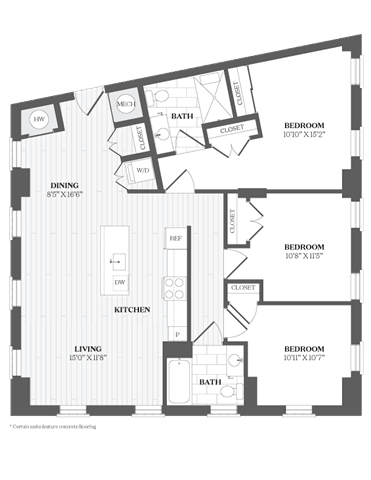 A floor plan of a house with three bedrooms, a living room, a dining room, a kitchen, and a bathroom.