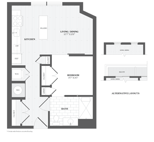 A black and white image of a floor plan for a small apartment.