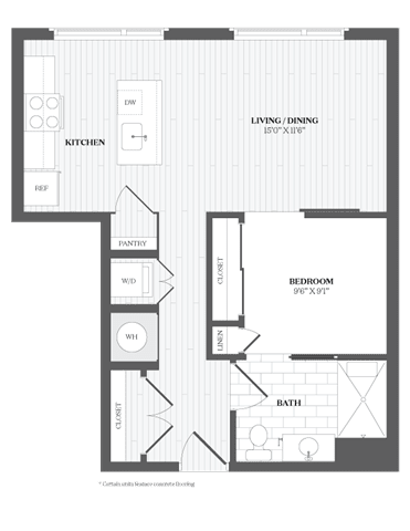 A floor plan of a house with a living room, kitchen, pantry, bedroom, and bathroom.