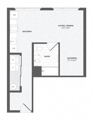 A floor plan of a small apartment with a kitchen, bathroom, and sleeping area.