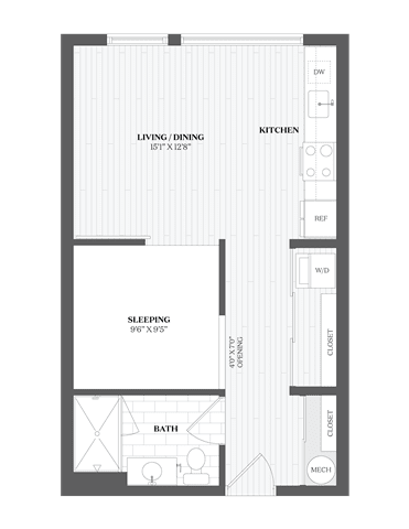 A floor plan of a small apartment with a sleeping area, kitchen, and bathroom.