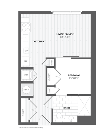A black and white floor plan of a small apartment with a kitchen, living room, bedroom, and bathroom.