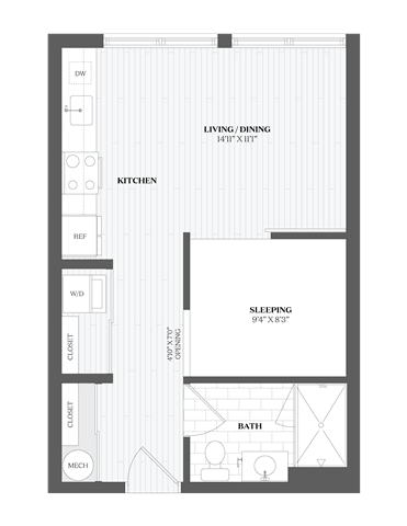 A floor plan of a small apartment with a kitchen, living room, and sleeping area.