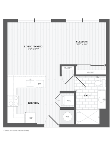 A floor plan of a small apartment with a sleeping area, kitchen, and bathroom.