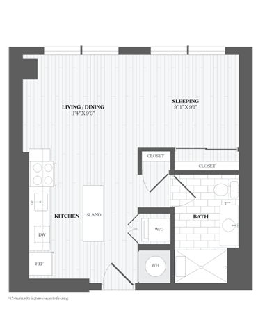 A floor plan of a small apartment with a living/dining area, kitchen, bathroom, and bedroom.