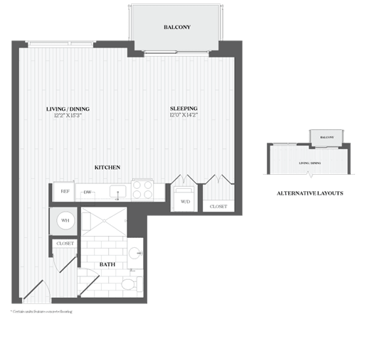 A black and white image of a floor plan for a Balcony, Living/Dining area, Kitchen, and Bathroom.