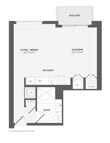 A floor plan of a balcony with living/dining, sleeping, and kitchen areas.