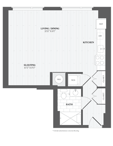 A black and white image of a floor plan for a home with a living/dining area, kitchen, sleeping area, bathroom, and closet.