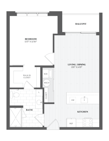 A floor plan of a house with a balcony, living/dining area, kitchen, bath, and bedroom.