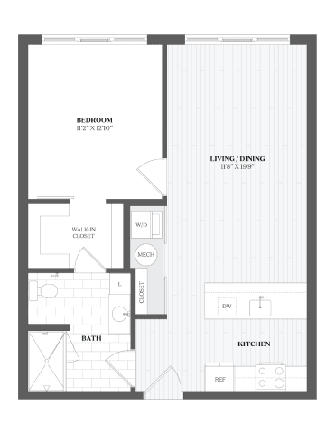 A floor plan of a house with a redroom, living/dining area, kitchen, bath, and closet.