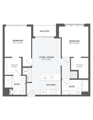 A floor plan of a two-bedroom apartment with a living, dining, and kitchen area.