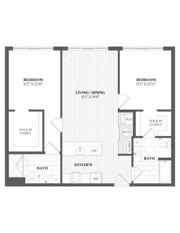 A floor plan of a house with two bedrooms, a living/dining area, a kitchen, two bathrooms, and a walk-in closet.