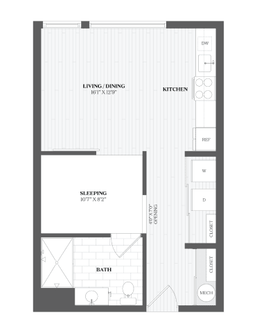 A floor plan of a small apartment with a living/dining area, kitchen, sleeping area, and bathroom.
