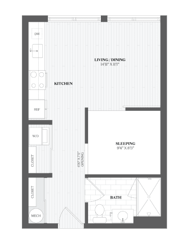A floor plan of a small apartment with a kitchen, living room, and sleeping area.