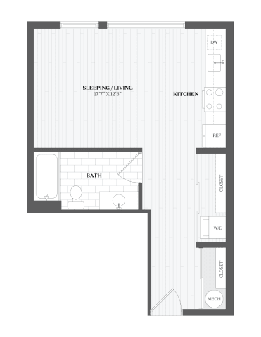 A floor plan of a small apartment with a sleeping area, kitchen, and bathroom.
