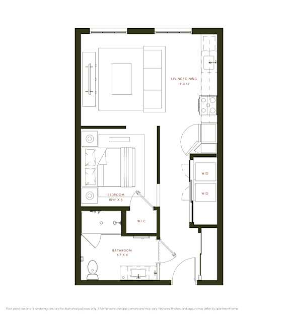 A floor plan of a home with a living room, dining room, bedroom, and bathroom.