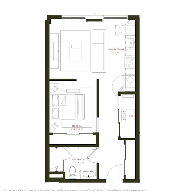 A black and white floor plan of a small apartment with a living room, bedroom, and bathroom.