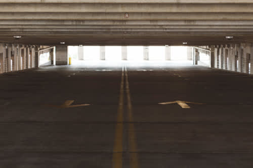 A long, empty parking garage at The Villages at Saugatuck, Westport, CT, 06880