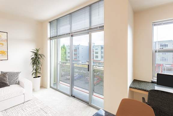 A room with a white couch, a plant, a desk, and a laptop.