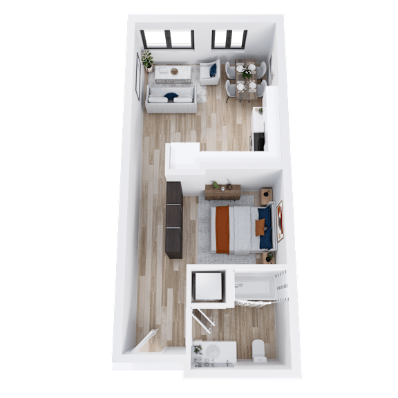 A top-down view of a small, neatly organized apartment with a kitchen, living room, and bathroom.