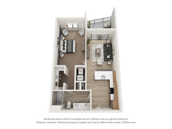 A 3D floor plan of a small apartment with a kitchen, living room, and bedroom.