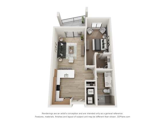 A 3D floor plan of a small apartment with a kitchen, living room, and two bedrooms.
