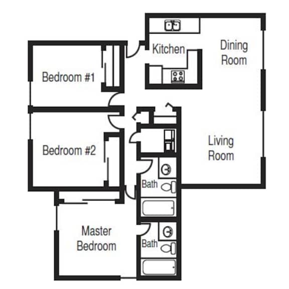 A floor plan of a home with three bedrooms, a kitchen, a dining room, and a living room.