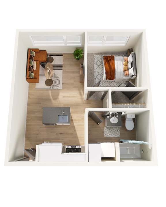 A top down view of a small apartment with a kitchen, living room, bedroom and bathroom.