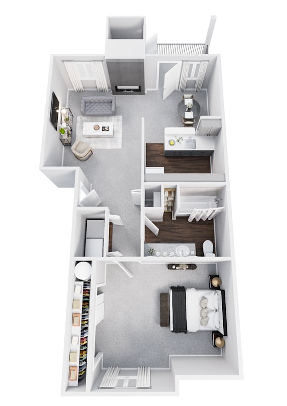 A 3D floor plan of a house with a kitchen, living room, and two bedrooms.