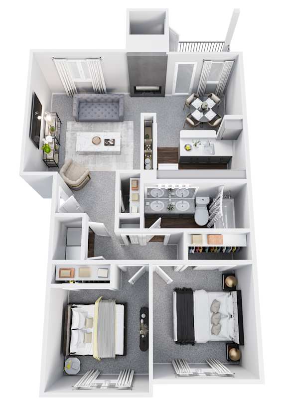 A top-down view of a small apartment with a living room, kitchen, and two bedrooms.
