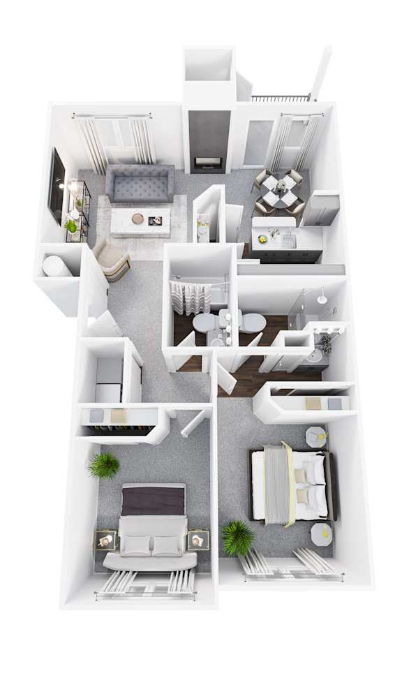A white floor plan of a house with a living room, kitchen, and two bedrooms.