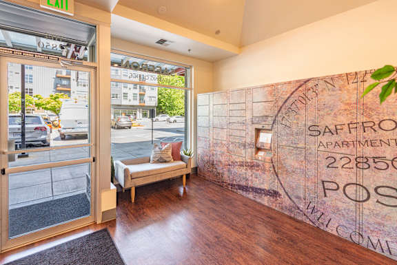 A welcoming interior of the Saffron Apartment building.