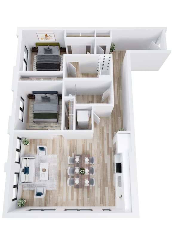 A top-down view of a modern apartment layout with a living room, dining area, kitchen, and bedrooms.
