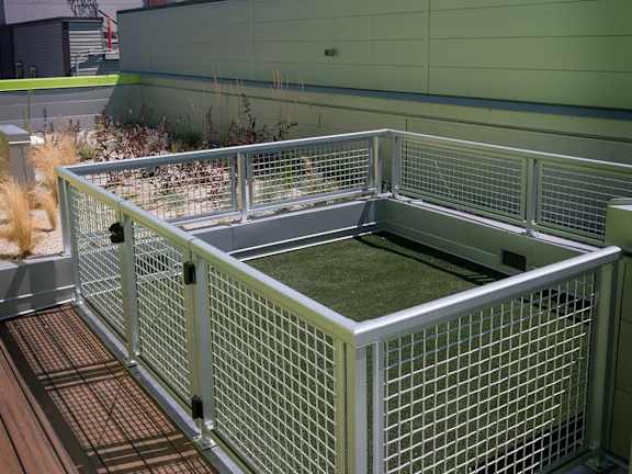 A green metal fence encloses a small garden area.