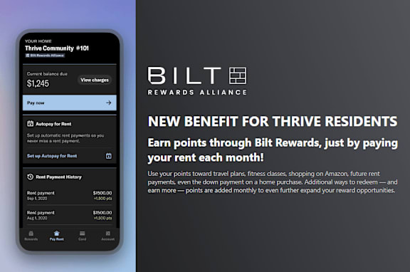 A mobile screen displays a rent payment history and a promotion for a new benefit for Thrive residents to earn points through Bilt Rewards.
