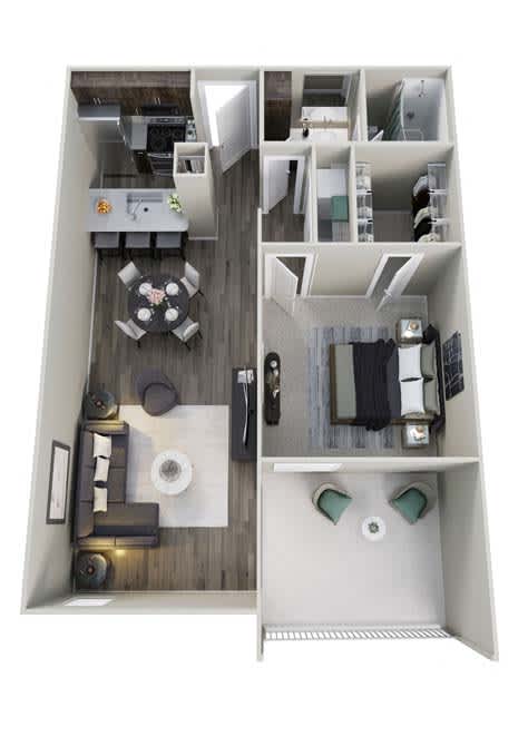 A top down view of a small apartment with a kitchen, living room, and bathroom.