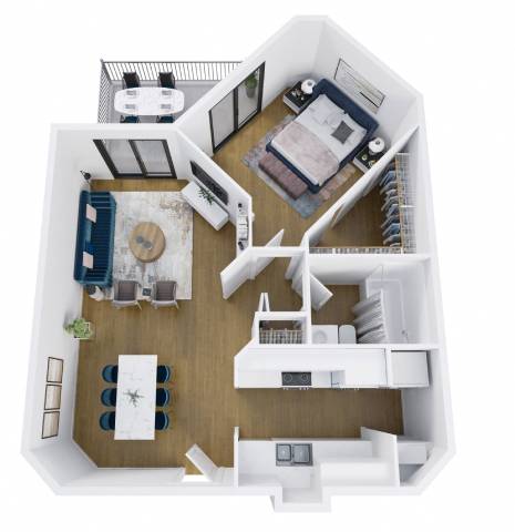 A top-down view of a modern apartment with a kitchen, living room, and bedroom.