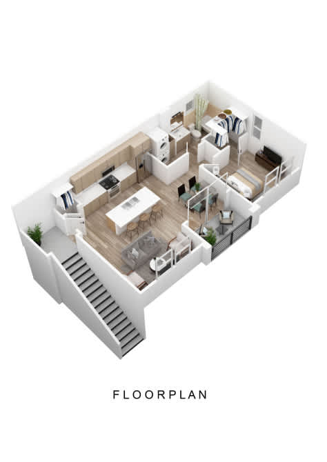 A floor plan of a house with a living room, kitchen, and two bedrooms.