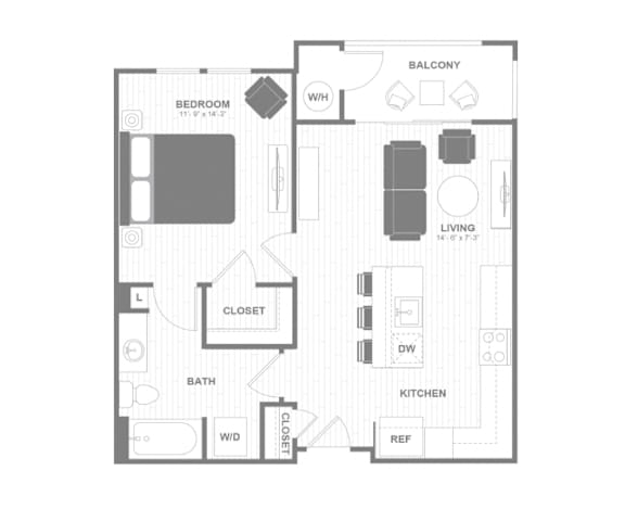 A floor plan of a small apartment with a bedroom, living room, kitchen, and bathroom.