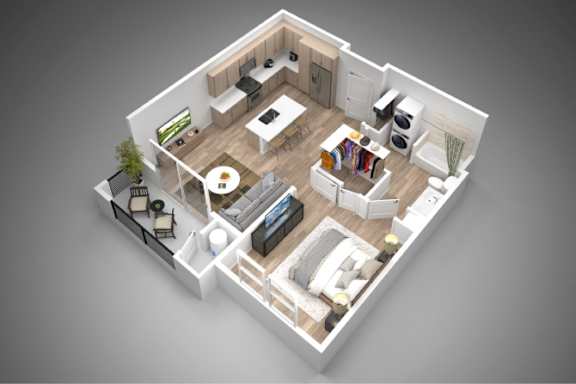 A 3D rendered image of a modern apartment layout.