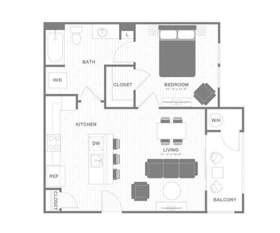 A floor plan of a small apartment with a living room, kitchen, bathroom, and bedroom.
